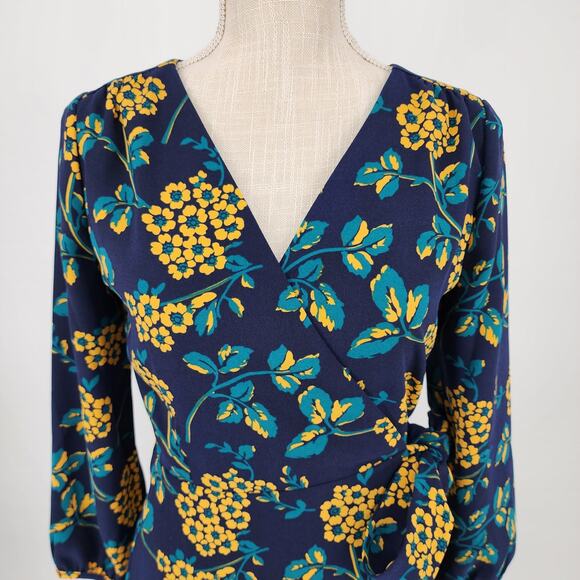 J Crew Floral Wrap Dress 0 V Neck 3/4 Sleeve Style K0109 Navy Blue Yellow Career - Picture 6 of 11